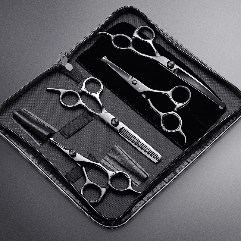 Gimars 4CR Stainless Steel Safety Round Tip 6 in 1 Professional Dog Grooming Scissors Kit, Heavy Duty Titanium Coated Straight & Thinning & Curved Shears & Comb Set for Dog & Cat Grooming 4 black scissors set - PawsPlanet Australia