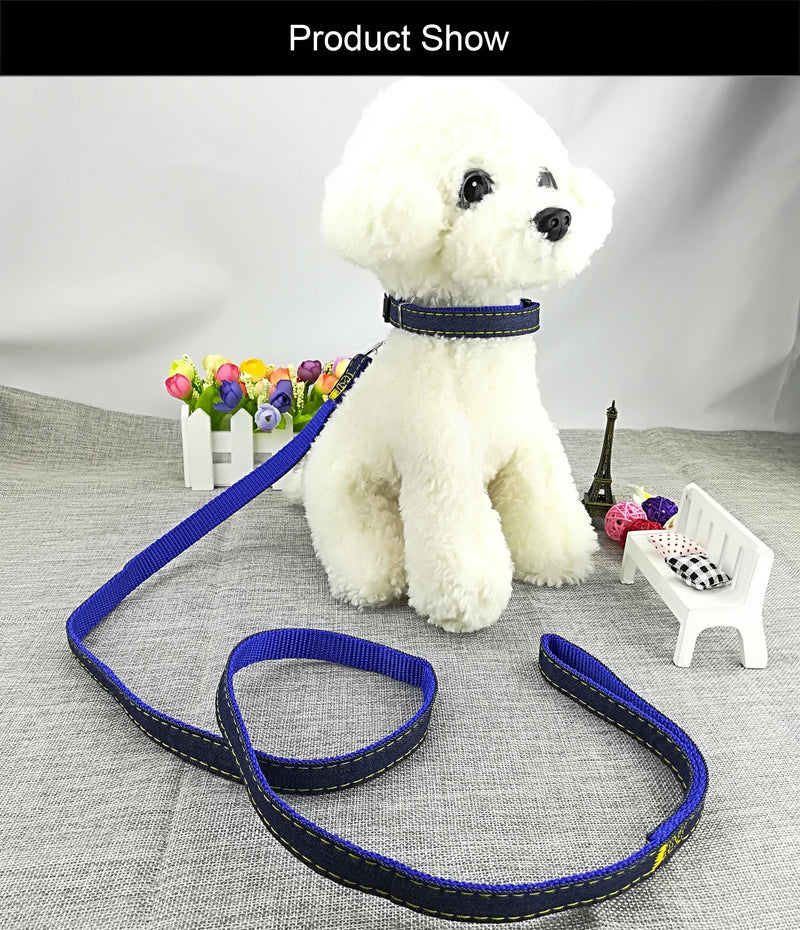 Newtensina Fashion Dogs Collar and Leash Set Denim Cloth Puppy Collar with Leashes for Dogs - Blue - S - PawsPlanet Australia