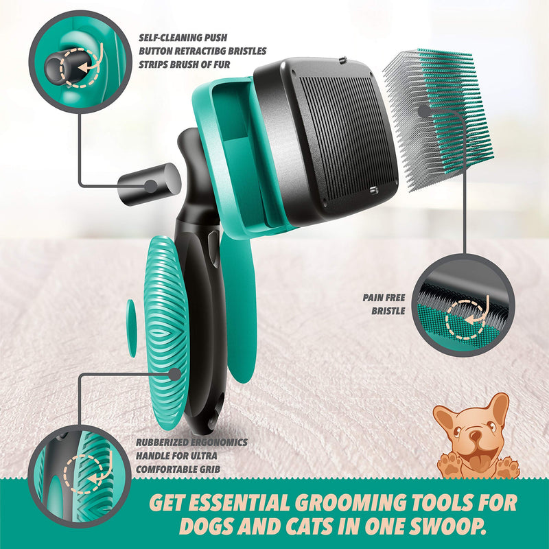 Ruff 'N Ruffus Self-Cleaning Slicker Brush | Upgraded PAIN-FREE Bristles Gently Removes Loose Undercoat, Mats & Tangled Hair | For Cats & Dogs With All Hair Types + FREE Pet Nail Clippers - PawsPlanet Australia