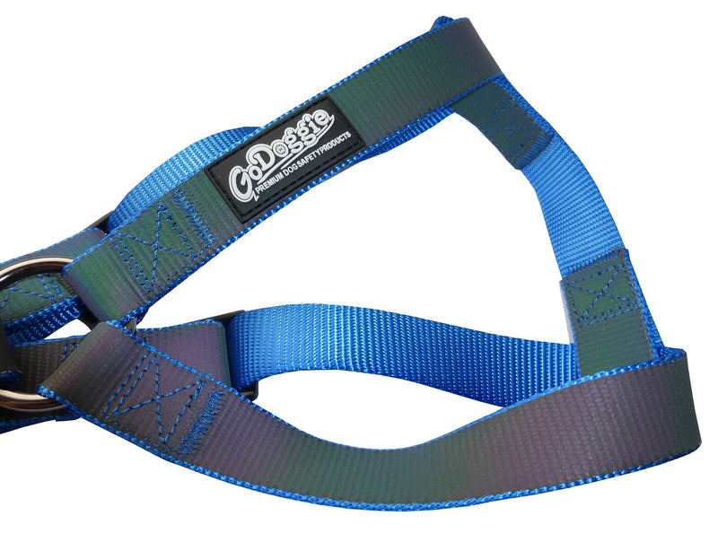 GoDoggie Rainbow Reflective Dog Safety Harness, Light-Responsive, Colour-Changing, Bright, Improves Dog Visibility and Safety, 5 Colours, 3 Sizes, Premium Quality, Full Guarantee - Blue L LARGE (CHEST) : 69cm (27") to 81cm (32") - PawsPlanet Australia