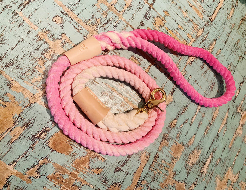 BULPET Eco Friendly Natural Cotton Handmade Dog Ombre Pink Rope Leash with Genuine Leather and Gold Brass Hardware/ 5 Ft/ All Dogs - PawsPlanet Australia