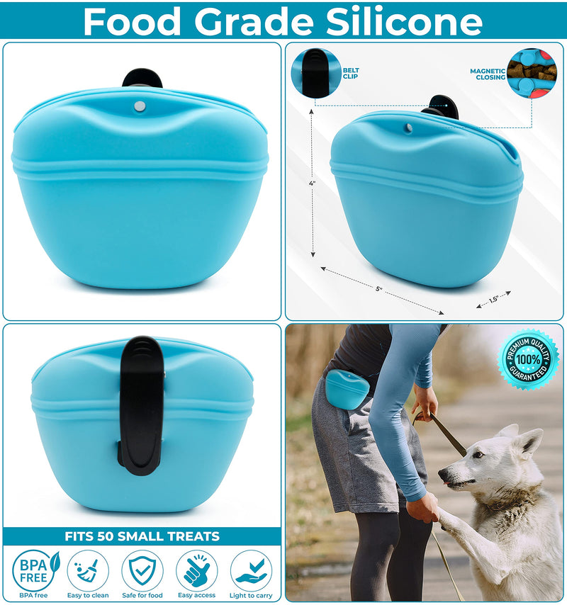 PAWPYGO Dog Treat Pouch, Pet Training Food Dispenser with Waist Clip, Silicone Treat Pouch, Magnetic Closure, BPA Free, Fits 50 Small Treats Blue - PawsPlanet Australia