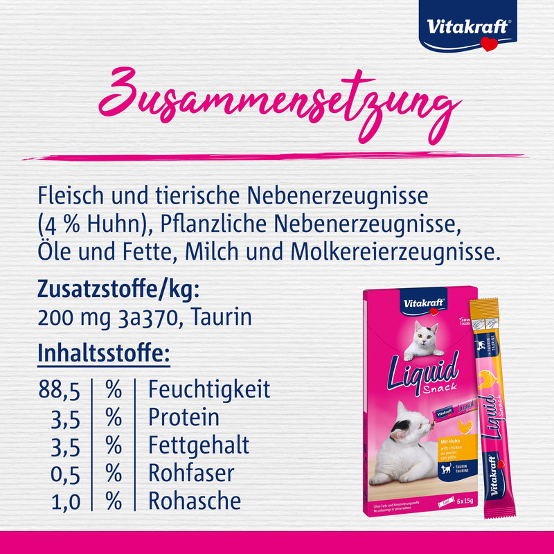 Vitakraft Liquid Snack, liquid cat snack, with chicken, cat treats, with taurine, supports eye function, supports heart function, low in calories (1x 6 pieces) - PawsPlanet Australia