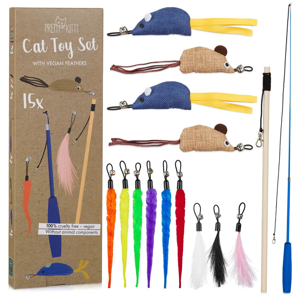 PRETTY KITTY cat toy set vegan: large 15-piece cat toy set with cat rod, artificial feathers and catnip toy cat - PawsPlanet Australia