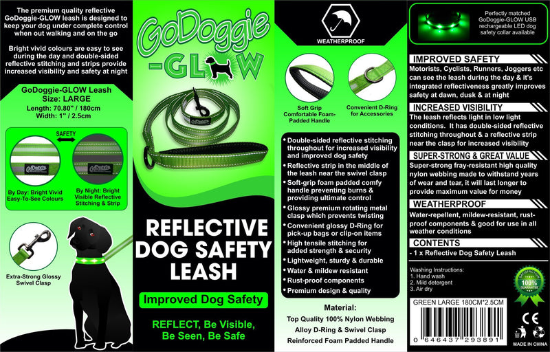 GoDoggie Reflective Dog Lead, Improved Dog Visibility & Safety, Reflective Stitching & Strips, Foam-Padded Comfy Handle, D-Ring, Premium Quality Components, Lifetime Guarantee, GREEN LARGE - PawsPlanet Australia