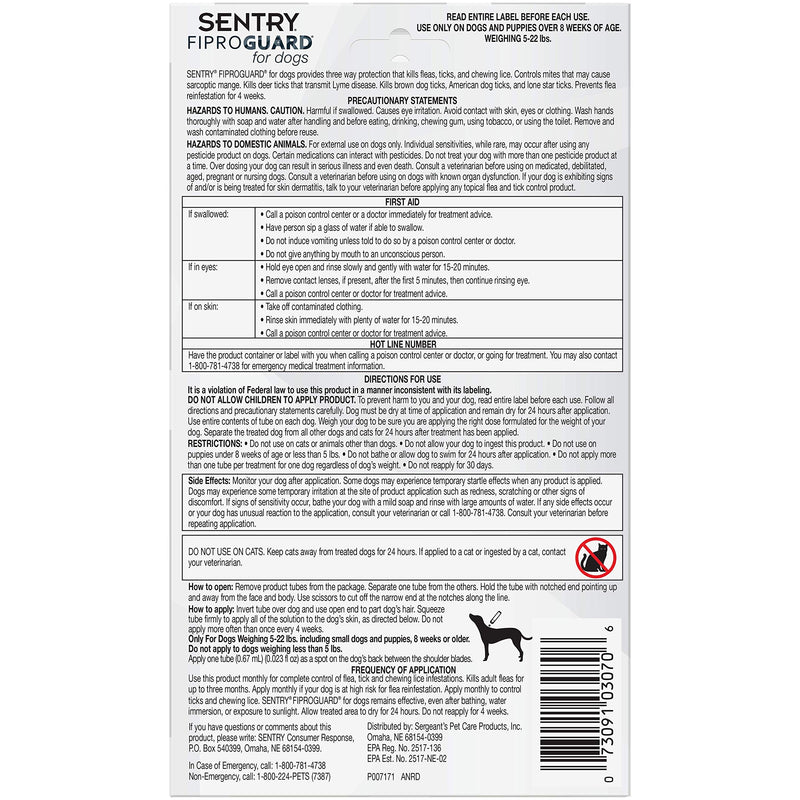 SENTRY Fiproguard for Dogs, Flea and Tick Prevention for Dogs (5-22 Pounds), Includes 6 Month Supply of Topical Flea Treatments - PawsPlanet Australia