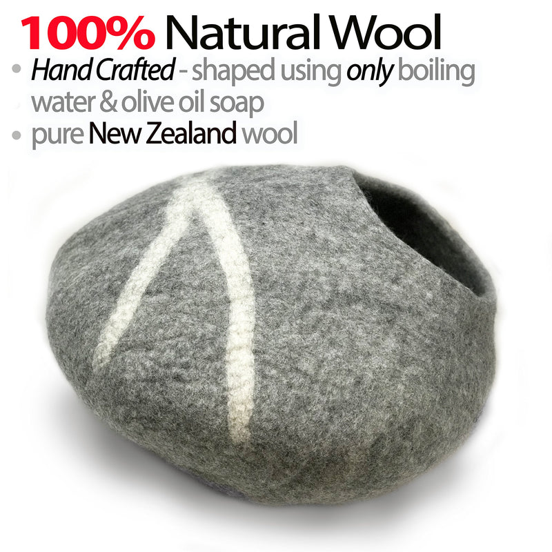 [Australia] - 100% Natural Wool Large Cat Cave - Handmade Premium Shaped Felt - Makes Great Covered Cat House and Bed for Kitty. for Indoor Cozy Hideaway. Large Pod Soft Hooded Bed Area. Light Gray 
