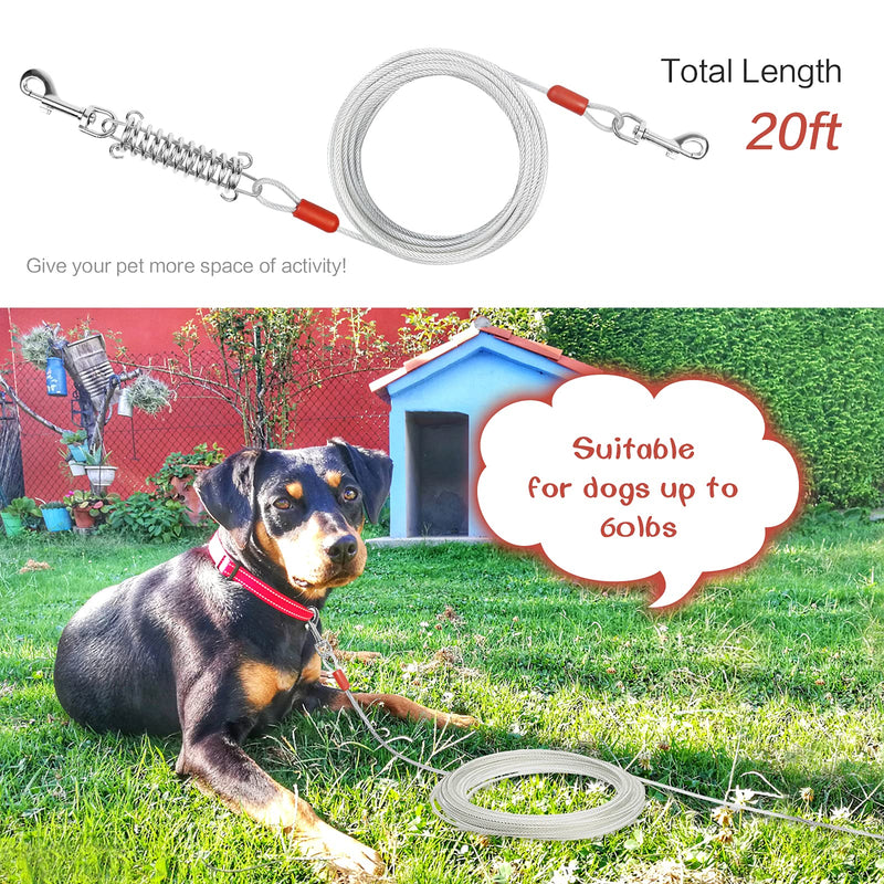 Tie Out Cable for Dogs, Extra Thick Dog Runner for Yard, 15/20/30/40/50ft Dog Run Leash with Spring, Heavy Duty Swivel Hooks and Reflective Rustproof Dog Lead for Camping up to 250/125/60lbs 20FT White(up to 60lbs) - PawsPlanet Australia