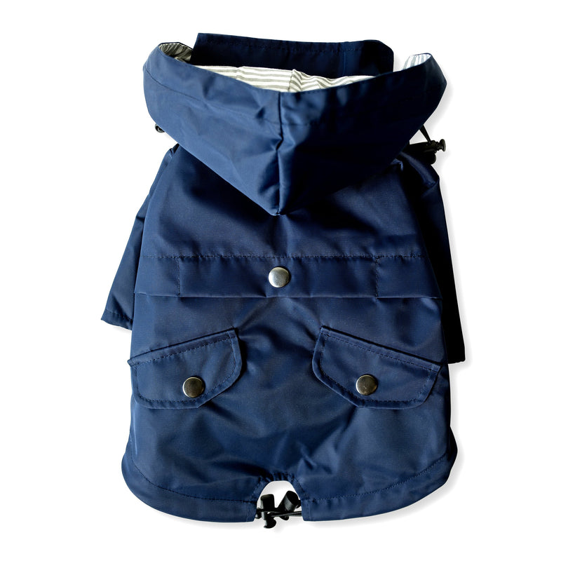 Navy Blue Zip Up Dog Raincoat with Reflective Buttons, Pockets, Rain/Water Resistant, Adjustable Drawstring, & Removable Hood - Size XS to XXL Available - Stylish Premium Dog Raincoats by Ellie - PawsPlanet Australia