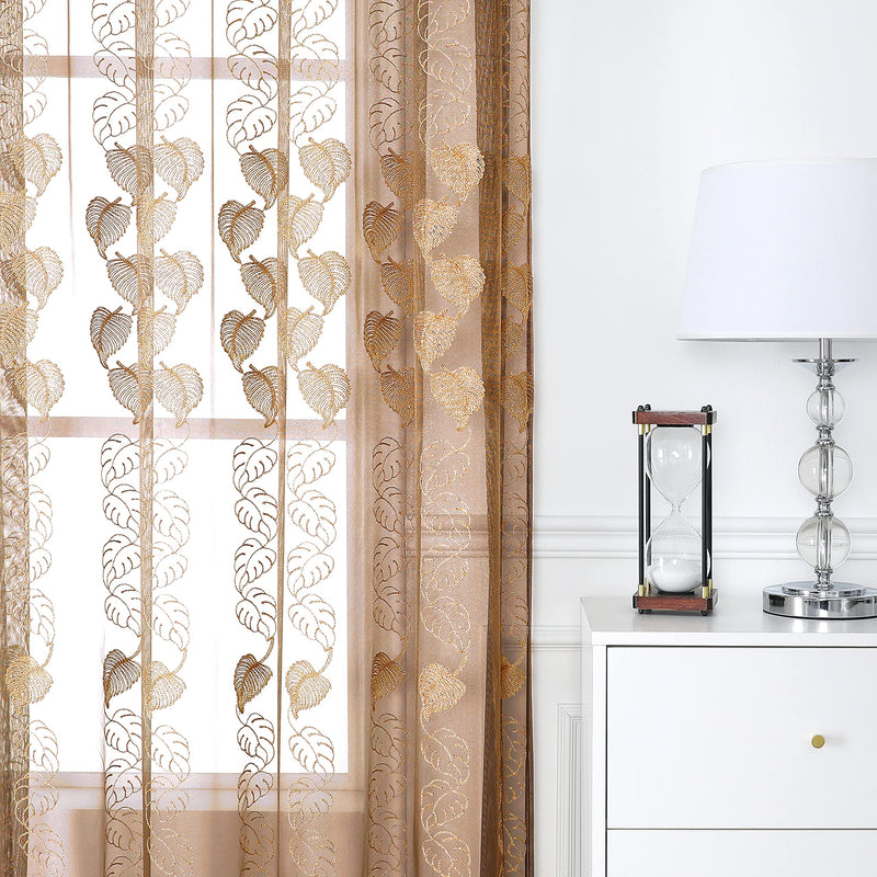 Jiyoyo M8508 Gold Brown Sheer Curtain for Living Room Leaf Pattern Embroidered Window Curtain Rod Pocket Geometric Embroidery Drapes Bedroom Dining Room 84 inch,1 Panel 50W x 84L Inch, 1 Panel - PawsPlanet Australia