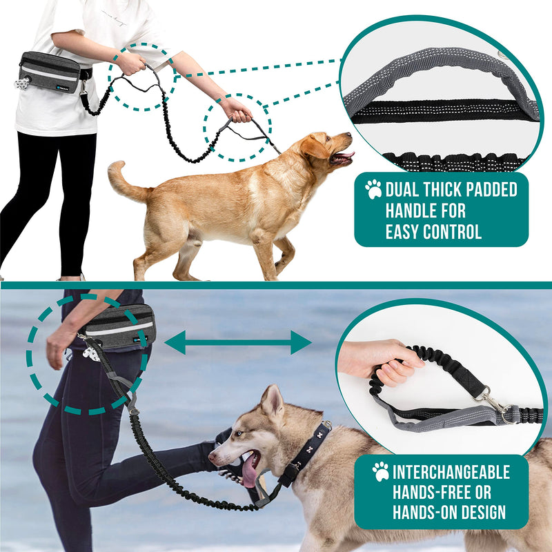 PetAmi Hands Free Dog Leash, Dog Running Leash Belt for Walking, Jogging, Dog Waist Zipper Pouch with Poop Bag Dispenser, Dual Padded Handles, Reflective Durable Bungee Leash, Single 1 Leash Charcoal Grey - PawsPlanet Australia