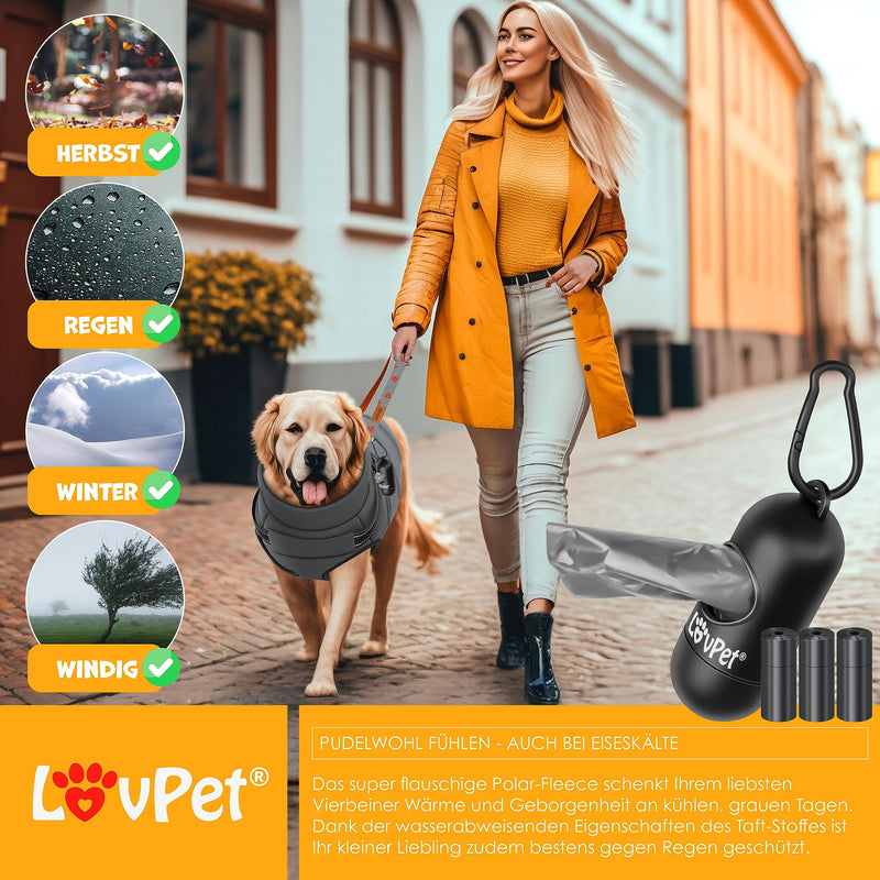Lovpet® dog jacket dog coat with harness, including 45 poop bags + dispenser, dog winter vest lined waterproof, padded vest with chest strap, reflectors, D-ring XL, anthracite - PawsPlanet Australia