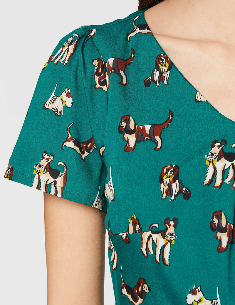 Yumi Women's Green Cute Dog Print Skater Dress Casual 12 - PawsPlanet Australia