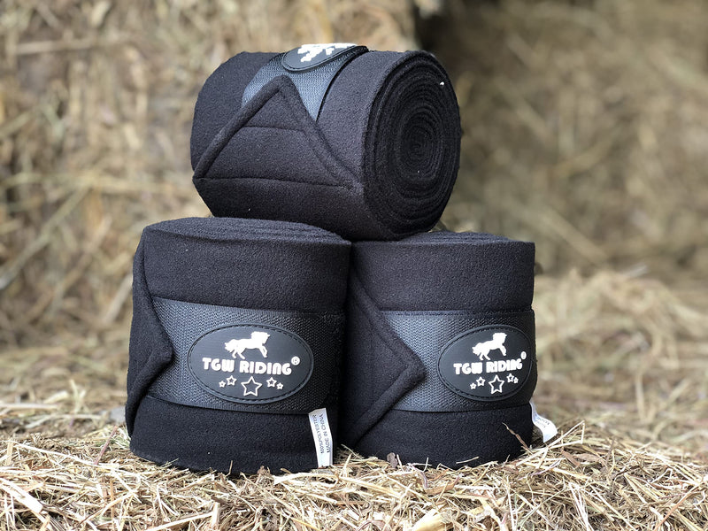 TGW RIDING Polo Leg Wraps, Equine Fleece Polo Wraps (Set of 4) - Horse Leg Bandages Black - PawsPlanet Australia