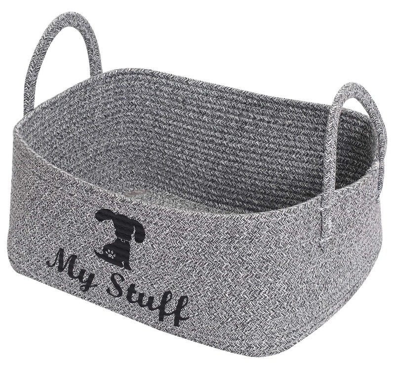 Cotton rope dog toy basket with handle, toy dog storage, pet toy box- Perfect for organizing small dog puppy toys, blankets, dog chew toy, leashes and stuff - Dog - Gray White Dog Gray White - PawsPlanet Australia