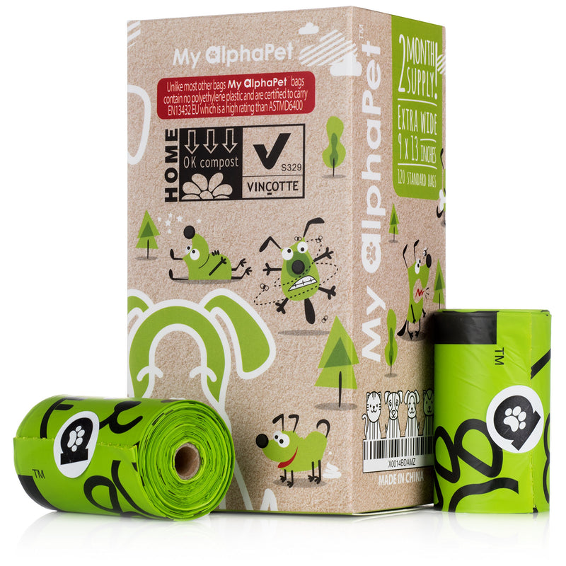 [Australia] - My AlphaPet Dog Poop Bags Refill Rolls - Large Size 9 x 13 Inches - Earth Friendly Highest ASTM D6400 Rated - Leak Proof Doggie Waste Bags 120 Count Unscented Green 