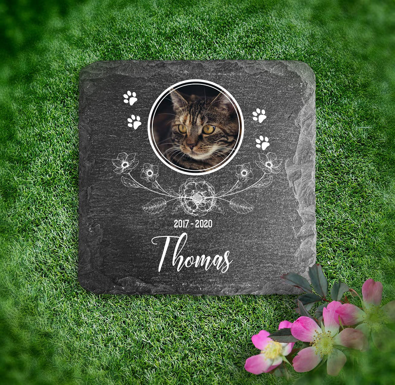 TULLUN Personalised Memorial Small Plaque For Pet Cat Dog Slate Stone Frame Paw Grave Marker - Size | 4" x 4" or 100 x 100 mm | - Floral - PawsPlanet Australia