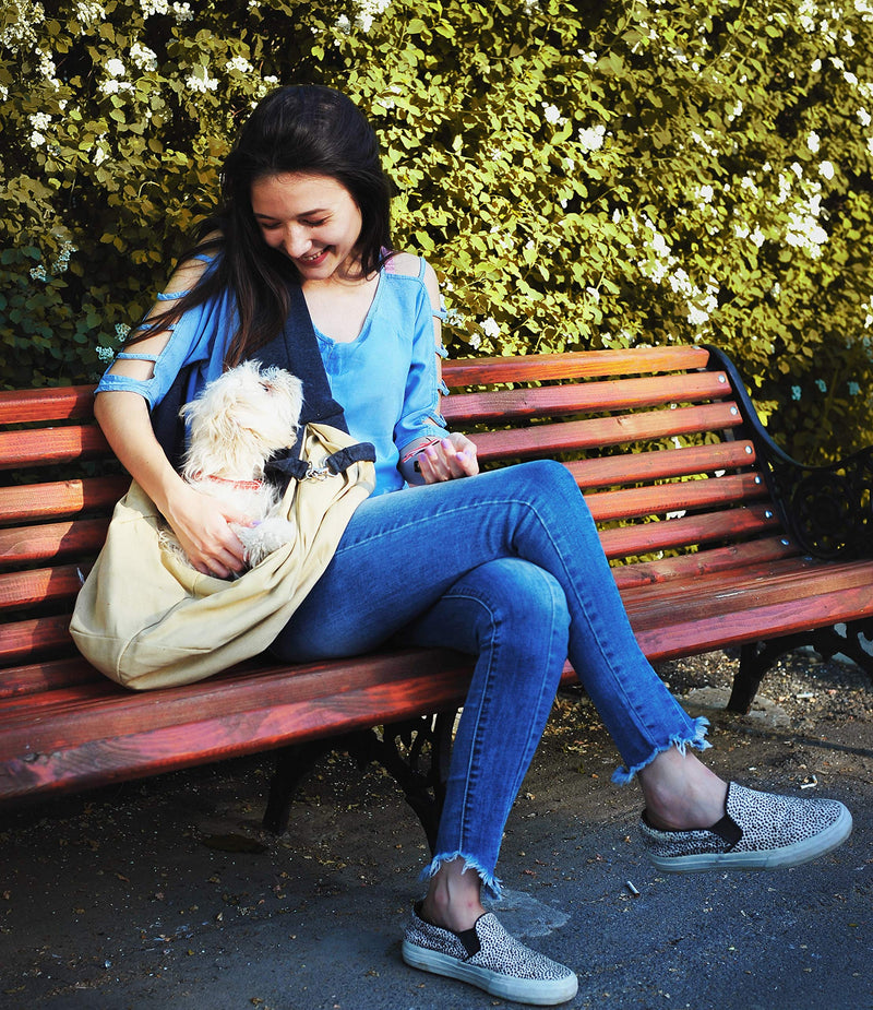 BUDDY TASTIC Pet Sling Carrier - Reversible and Hands-Free Dog Bag with Adjustable Strap and Pocket - Soft Puppy Sling for Pets up to 13 lbs Black/Beige - PawsPlanet Australia