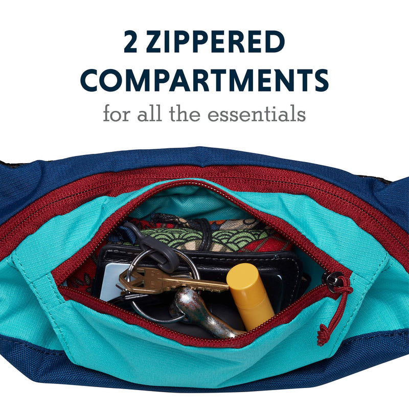 RUFFWEAR, Home Trail Hip Pack, stow-and-go bag to carry essentials, two zippered compartments and an adjustable belt for wearing on the hip or crossbody, Aurora Teal - PawsPlanet Australia