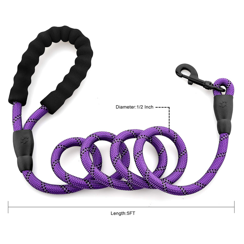 E-sunny Rope Dog Lead,Rope Twist Dog Lead Heavy Duty with High Reflective Thread and Soft Padded Control Handle,5FT Strong Dog Lead Durable and Multi-Colour for Small Medium Large Dog (Purple) Purple - PawsPlanet Australia