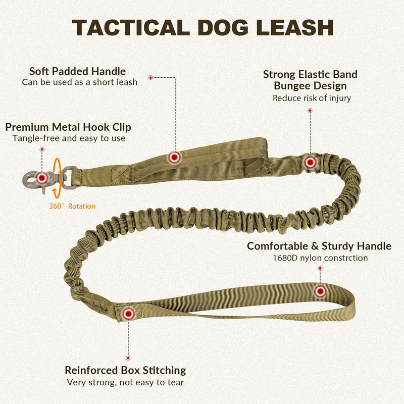 Tactical Dog Collar and Bungee Leash, Military Dog Collar & Leash Set with USA American Flag Coyote Brown Adjustable K9 Collar with Heavy Duty Metal Buckle & Handle for Medium Large Dogs(M, Brown) - PawsPlanet Australia