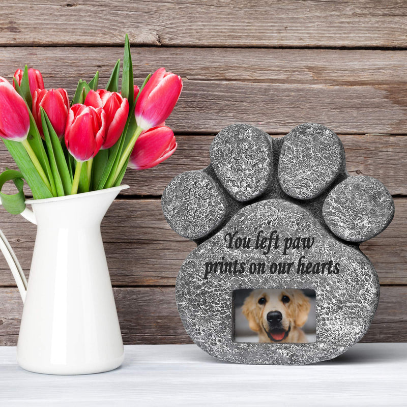 'You Left Paw Prints On Our Hearts' Paw Print Pet Memorial Stone, Grave Marker with Customizable Photo Frame Slot, Loss Of Pet Gift, Personalized Dog or Cat Memorial Headstone, 8.25” x 8” x 1.5” - PawsPlanet Australia