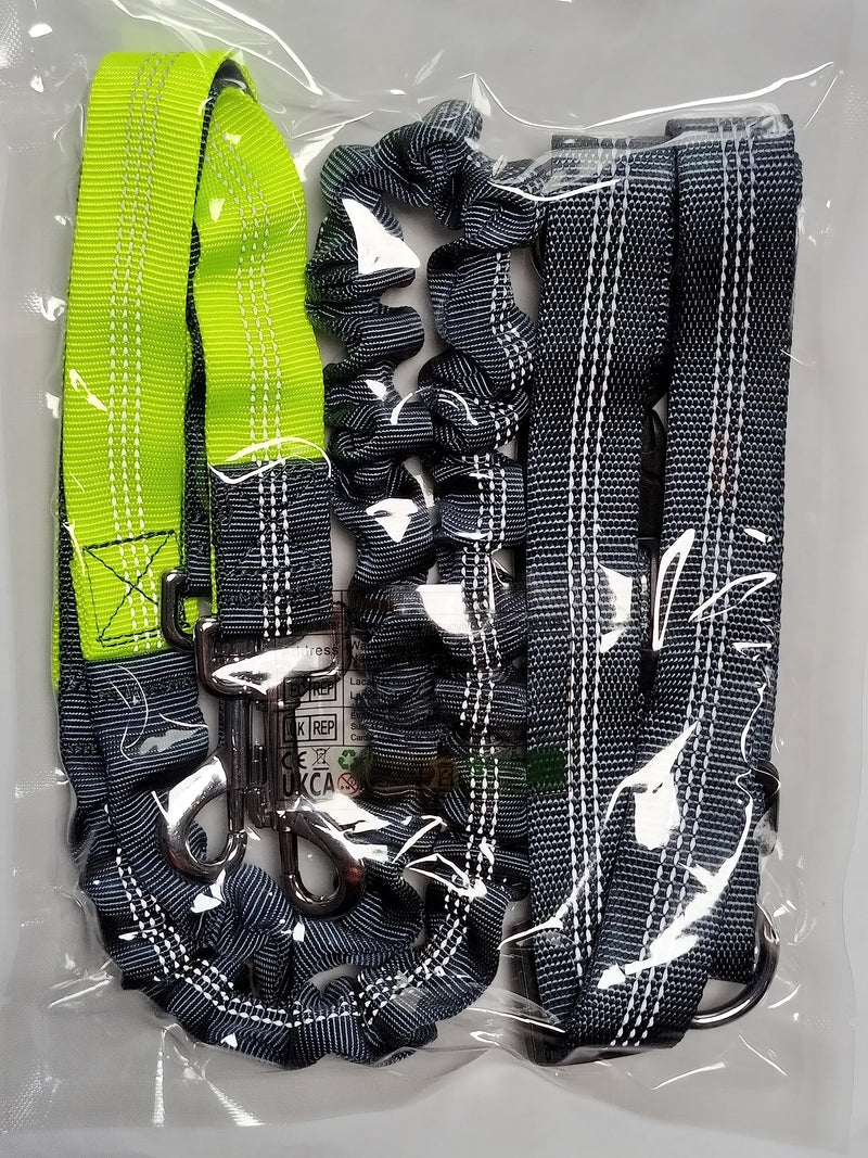 Aiqeer Gray Hands-Free Dog Lead, Adjustable Waist Belt and Stretchy Bungee Lead, Jogging Dog Lead with Reflective Stitching (Green Handle) - PawsPlanet Australia