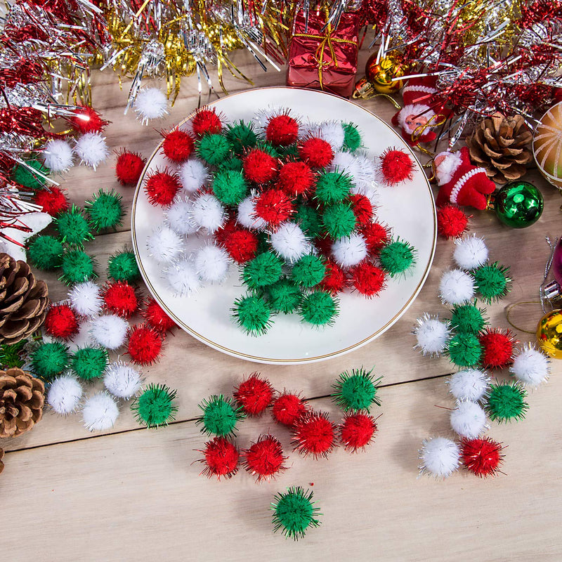 LUTER 100 Pieces Christmas Pom Poms Pompoms Balls Glitter Pom Decorations Xmas DIY Crafts Supplies for Kids, 20mm, Green, Red, White - PawsPlanet Australia