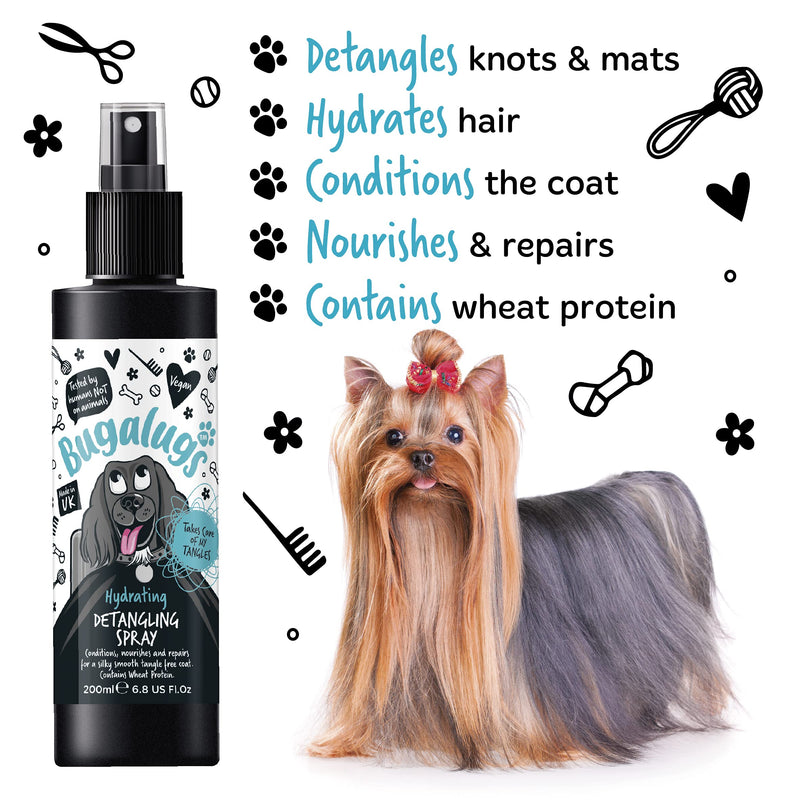 BUGALUGS Dog Detangler Spray - leave In conditioner spray for de matting. No tangles. Professional dog grooming formula contains Wheat protein. Pet detangling spray knot removal (200ml) 200 ml (Pack of 1) - PawsPlanet Australia
