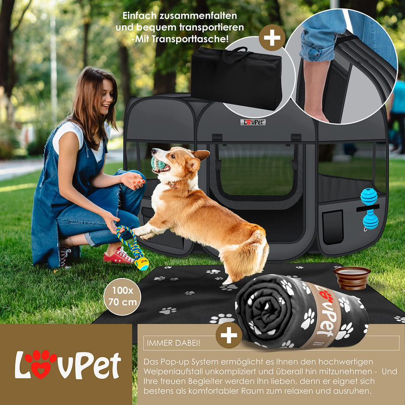 Lovpet® Puppy Playpen Animal Playpen Foldable for Small Animals Dogs, Cats Including Dog Bowl and Fleece Blanket Dog Playpen Outdoor Enclosure Oxford Fabric Pop-up System Indoor & Outdoor, Anthracite/Black Anthracite/Black - PawsPlanet Australia