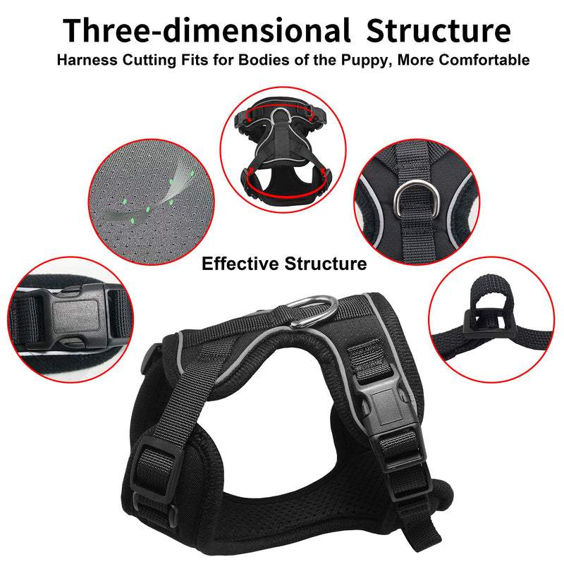 [Australia] - Mudinpet Dog Harness Vest, Small Dog Harness, Puppy Training No Pull Vest, Reflective Safety Comfort for Walk XS 8.7-10.2in Black 