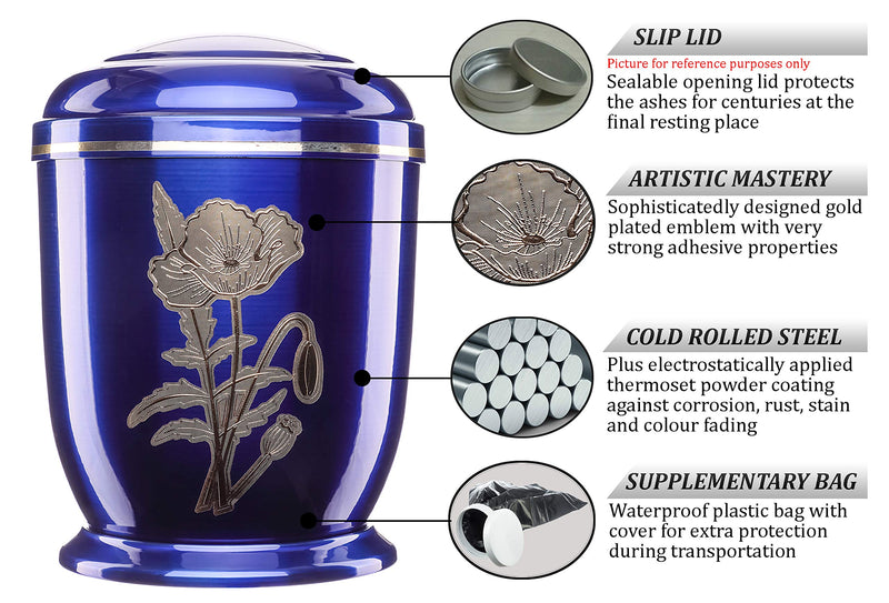 Urns for Ashes Adult Large Human Cremation Funeral Memorial Burial Remain Medium Full Size Waterproof Metal Poppy Gold (Blue) Blue - PawsPlanet Australia