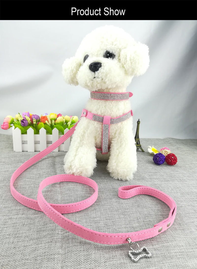 Newtensina Dog Collar & Harness & Lead Sets Fashion Dog Collar Diamante with Harness & Leashes Comfortable Soft Collar Harness and Leashes Set for Dog - Pink - XS - PawsPlanet Australia