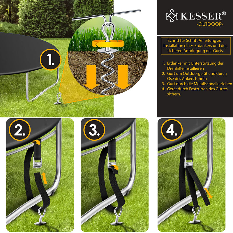 KESSER® 4 ground anchors 9-piece set attachment for trampoline, swing, pavilion, party tent, garden house, swing, tent, made of 1cm diameter stainless steel For screwing in, 4 straps + silver turning aid - PawsPlanet Australia