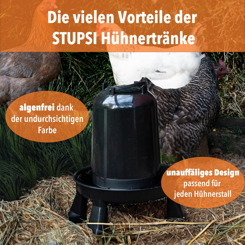 STUPSI chicken drinker 100% recycled 1.5 liters in black | Heated & frost-proof poultry drinkers | Waterer with feet or hanging for quails, chickens and any other poultry | Made in Europe 1.5L - PawsPlanet Australia