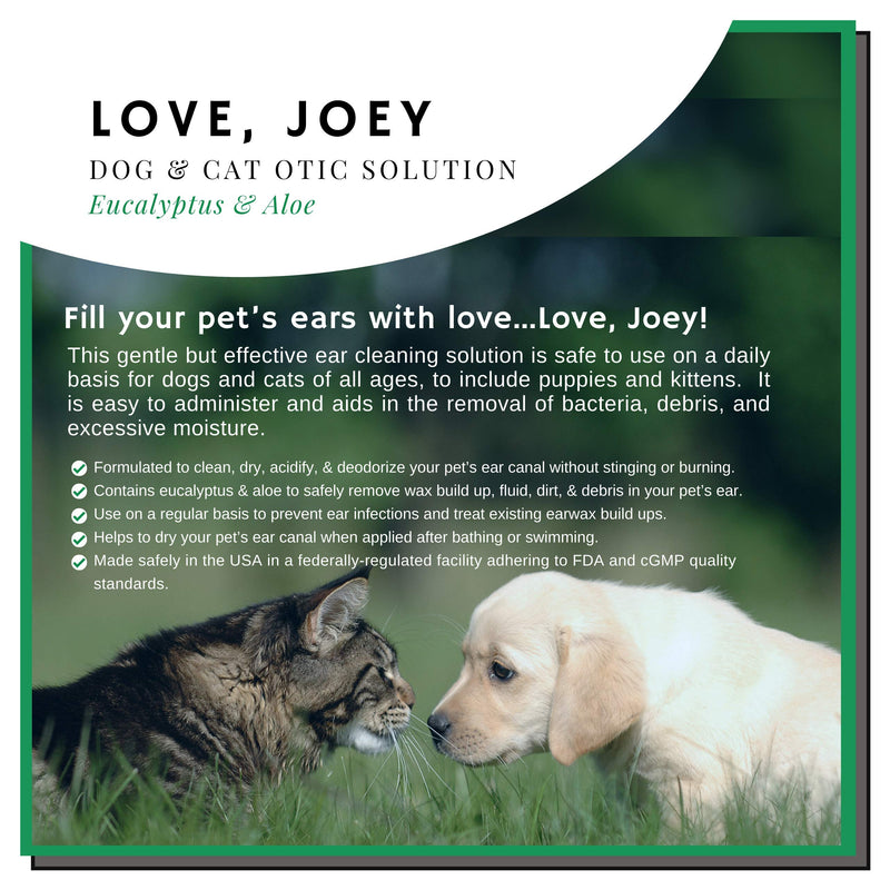 Love, Joey Dog & Cat Ear Cleaner – Safe and Non-Irritating Otic Solution to Prevent Infections, and Eliminate Itching, Odor, Wax, & Debris - Eucalyptus & Aloe - 8 oz - PawsPlanet Australia