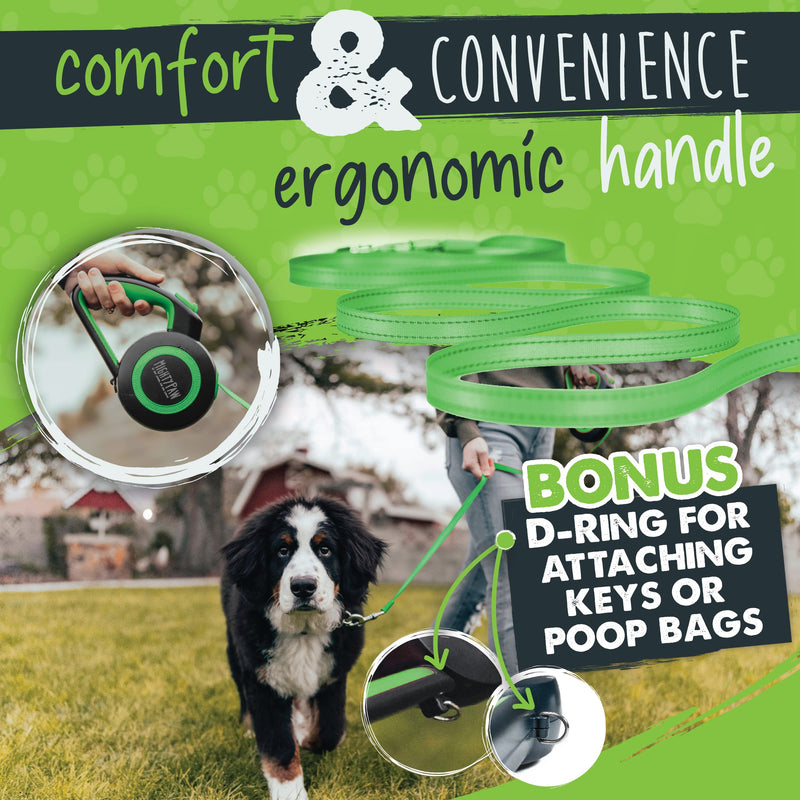 Mighty Paw Retractable Dog Leash 2.0 | 16’ Heavy Duty Reflective Nylon Tape Lead for Pets Up to 50 LBS. Tangle Free Design W/ One Touch Quick-Lock Braking System & Anti-Slip Handle. (Green/Lite) Lite Green - PawsPlanet Australia