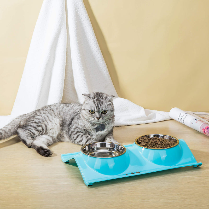 [Australia] - Vealind Non-Spill & Non-Skid Pet Dog Cat Elevated Feeder Bowl with Double Stainless Steel Bowls Blue 