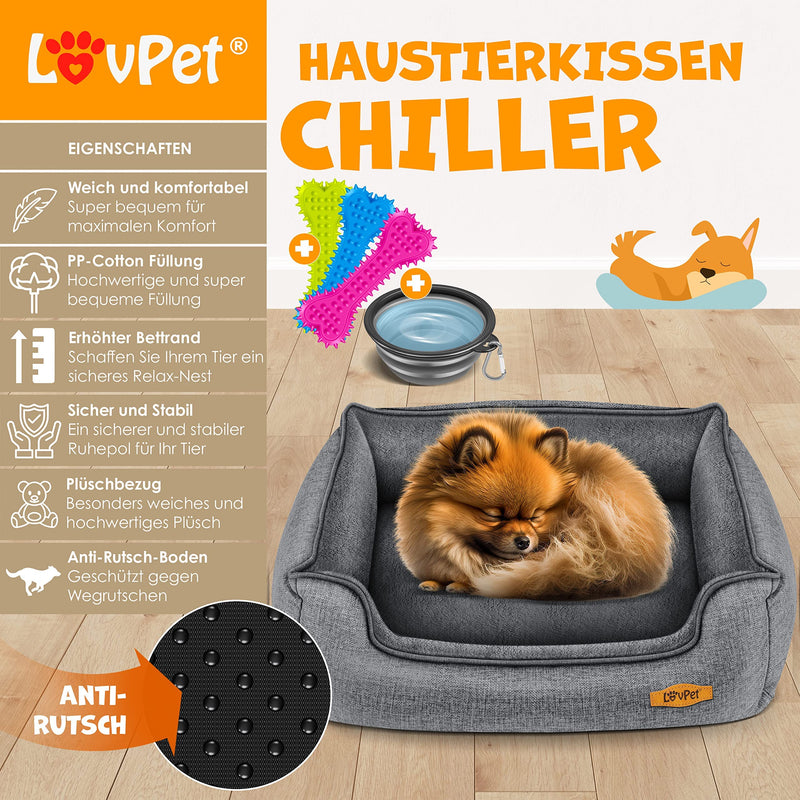 Lovpet® dog bed, dog cushion, dog basket, chiller, including bowl + 3 x chewing bones, dog sofa cushion for small, medium and large dogs, cover removable and washable, L 90 x 75 x 25 cm, gray L (90 x 75 x 25 cm) - PawsPlanet Australia