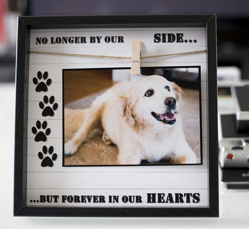 [Australia] - Pet Memorial Picture Frame for Dog or Cat. Clever Design to fit 4x6 - 5x7. Loss of Dog or Cat Sympathy Photo Frame with Clip. Text "Forever in Our Hearts”. Black Wood Frame 10”x10” 