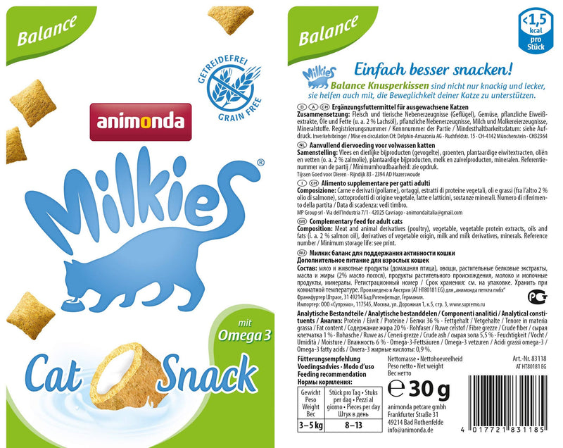 animonda Milkies Balance, grain-free crunchy pillows for cats, cat snack, 12 x 30 g - PawsPlanet Australia