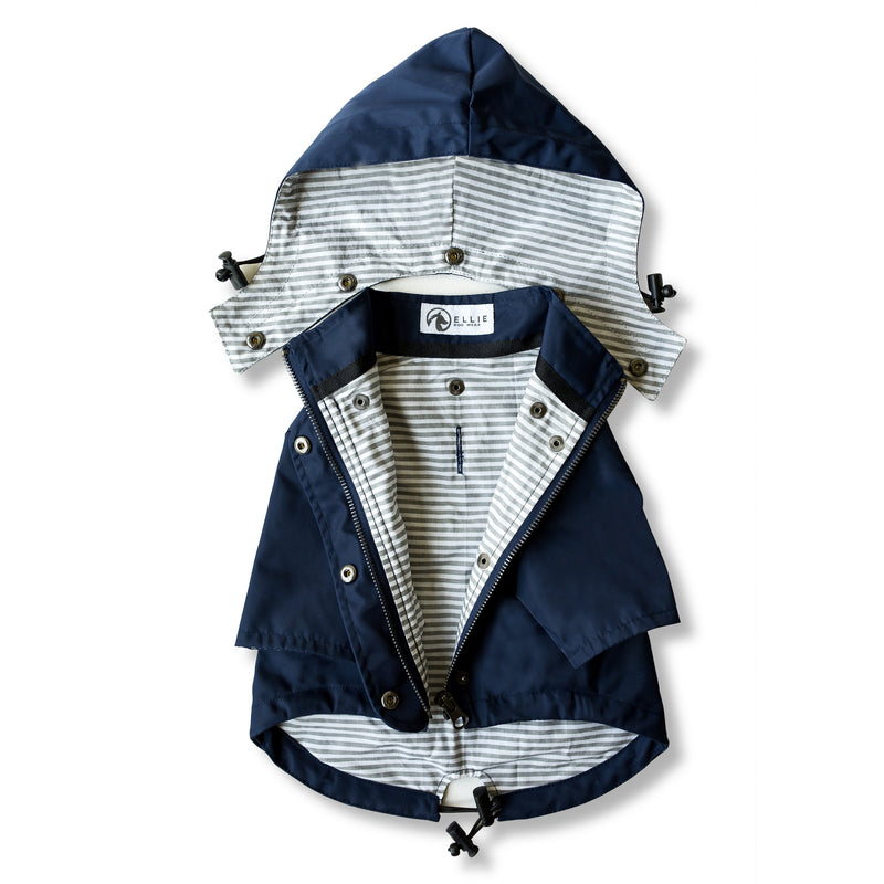 Navy Blue Zip Up Dog Raincoat with Reflective Buttons, Pockets, Rain/Water Resistant, Adjustable Drawstring, & Removable Hood - Size XS to XXL Available - Stylish Premium Dog Raincoats by Ellie - PawsPlanet Australia