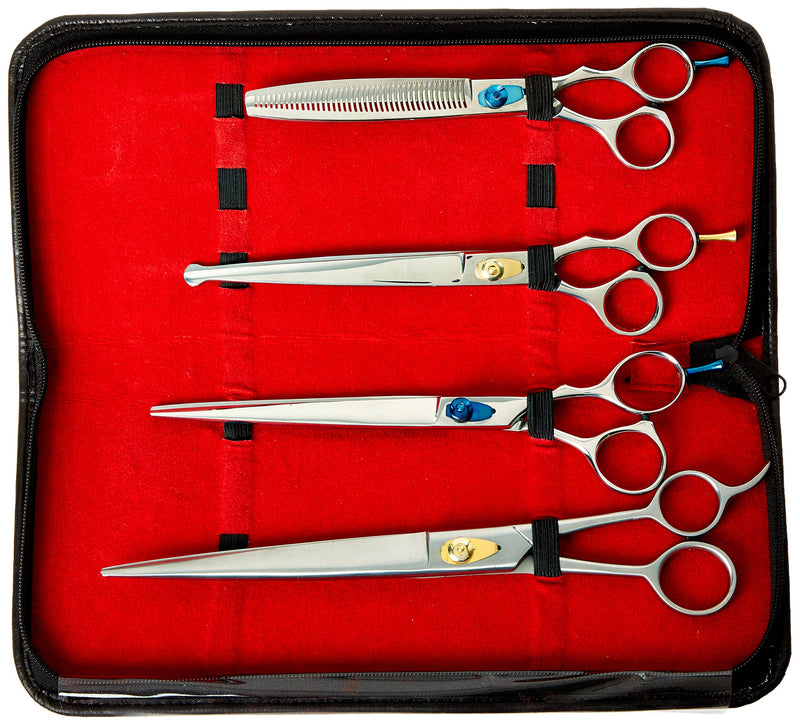 [Australia] - TAMSCO Delux e Grooming Set Of 4, (B-620C, B-625, B-611, B-574) Thinning Shear with Double Teeth Blade Japanese Stainless Steel Curved Blade Shear with Probe Tip Shear with Classical Design Removable Finger Rest 