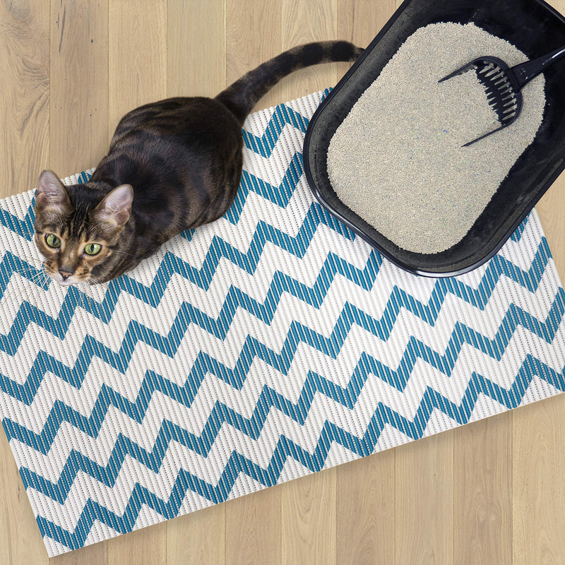 Fresh Kitty Durable XL Jumbo Foam Litter Mat – Phthalate and BPA Free, Water Resistant, Traps Litter from Box, Scatter Control, Easy Clean Mats – Chevron, Blue/White Chevron (9035) - PawsPlanet Australia