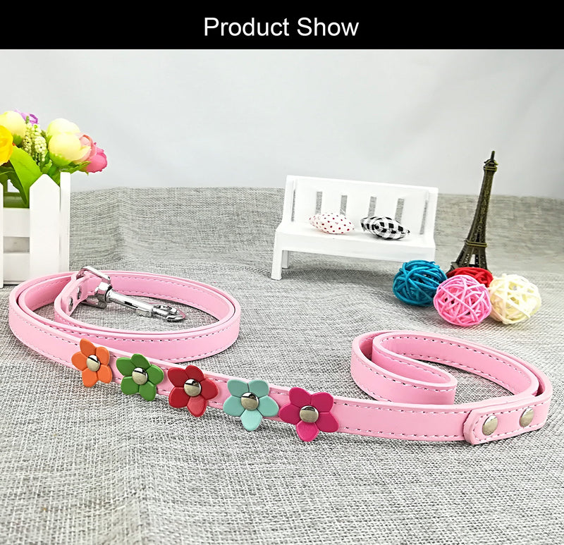 Newtensina Stylish Dog Collar and Lead Set Dog Collar Girl Flower Puppy Collars Leashes for Small Dogs with Flower - Pink - S - PawsPlanet Australia