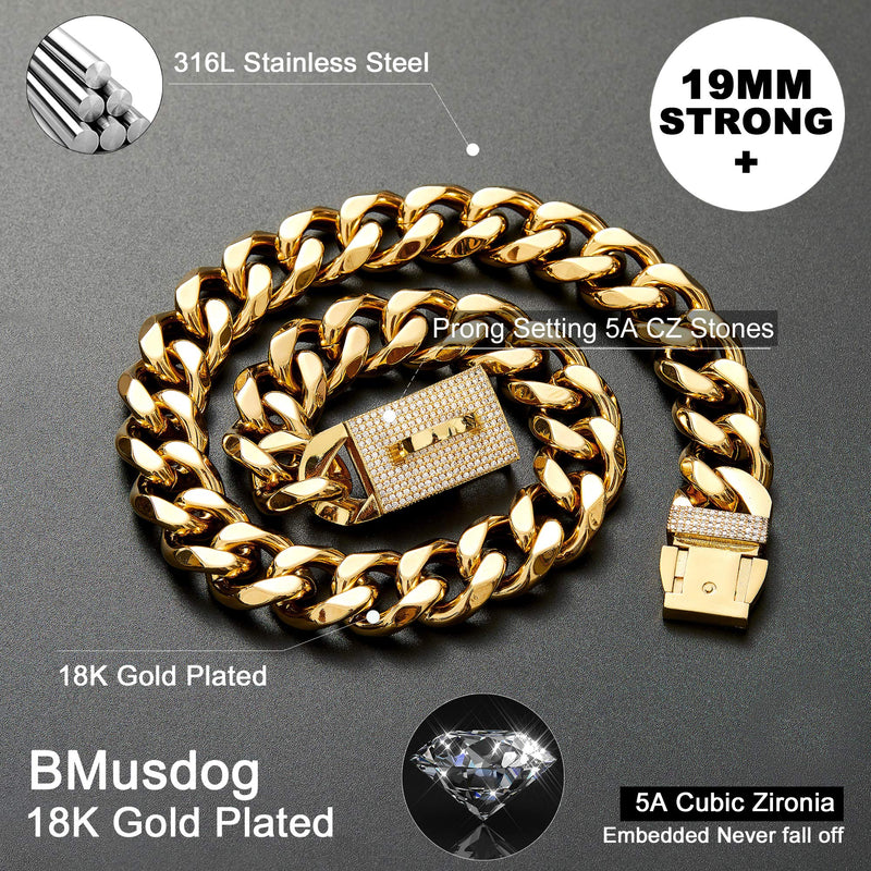 BMusdog Gold Chain Dog Collar with Bling Bling 19MM Heavy Duty Thick 18K Gold Cuban Link Chain Stainless Steel Metal Links Walking Training Chain Necklace for Dogs (12" (Neck Fits 10"-11.5")) - PawsPlanet Australia