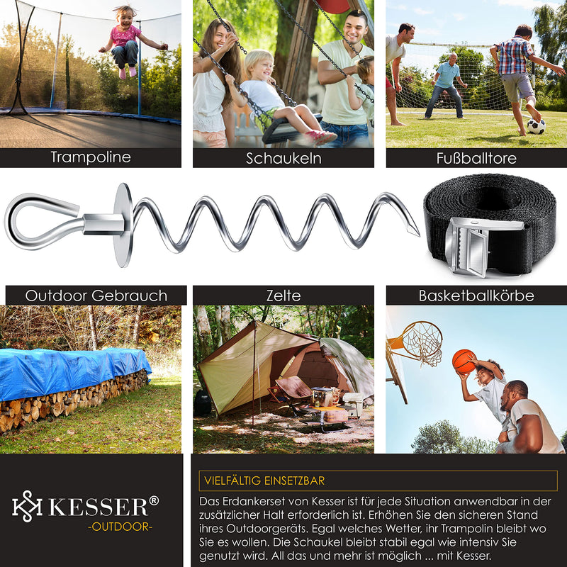 KESSER® 4 ground anchors 9-piece set attachment for trampoline, swing, pavilion, party tent, garden house, swing, tent, made of 1cm diameter stainless steel For screwing in, 4 straps + silver turning aid - PawsPlanet Australia