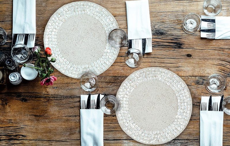 Farmhouse Beaded Placemats for Dining Table- 14 inch Dia Off White, Beaded Placemats Round for Gathering, Occasional Decoration and Family Parties Celebrations ,Set of 1 Set Of 1 - PawsPlanet Australia