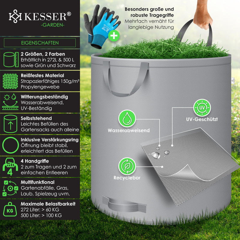 KESSER® Garden Bag 2x 500L Set of Leaf Bags Garden Waste Bags Including Gloves - Self-Standing 4 Handles Stable Robust & Foldable - Leaf Bags Lawn Cuttings Garden Bags for Garden Waste Green Cuttings Gray 2x 500 Liters - PawsPlanet Australia