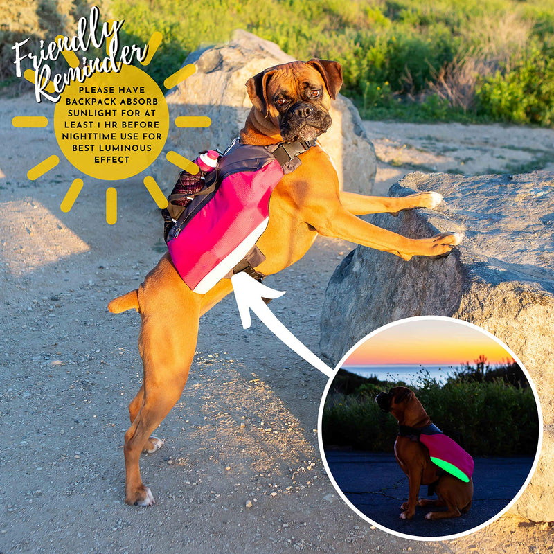 [Australia] - Bum's Pack Dog Backpacks, Luminous & Reflective Hiking Pack for Dogs, Water Bottle Included Camping & Travel Saddlebag for Dogs, Dog Float Coat, Dog Life Jacket, Dog Backpacks for Medium & Large Dogs Pink 